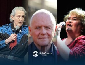 Famous autistic individuals, Temple Grandin, Anthony Hopkins & Susan Boyle side by side in a collage