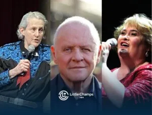 Famous autistic individuals, Temple Grandin, Anthony Hopkins & Susan Boyle side by side in a collage