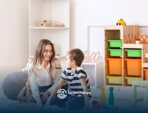 An ABA therapist with a little boy doing therapy in a home setting.