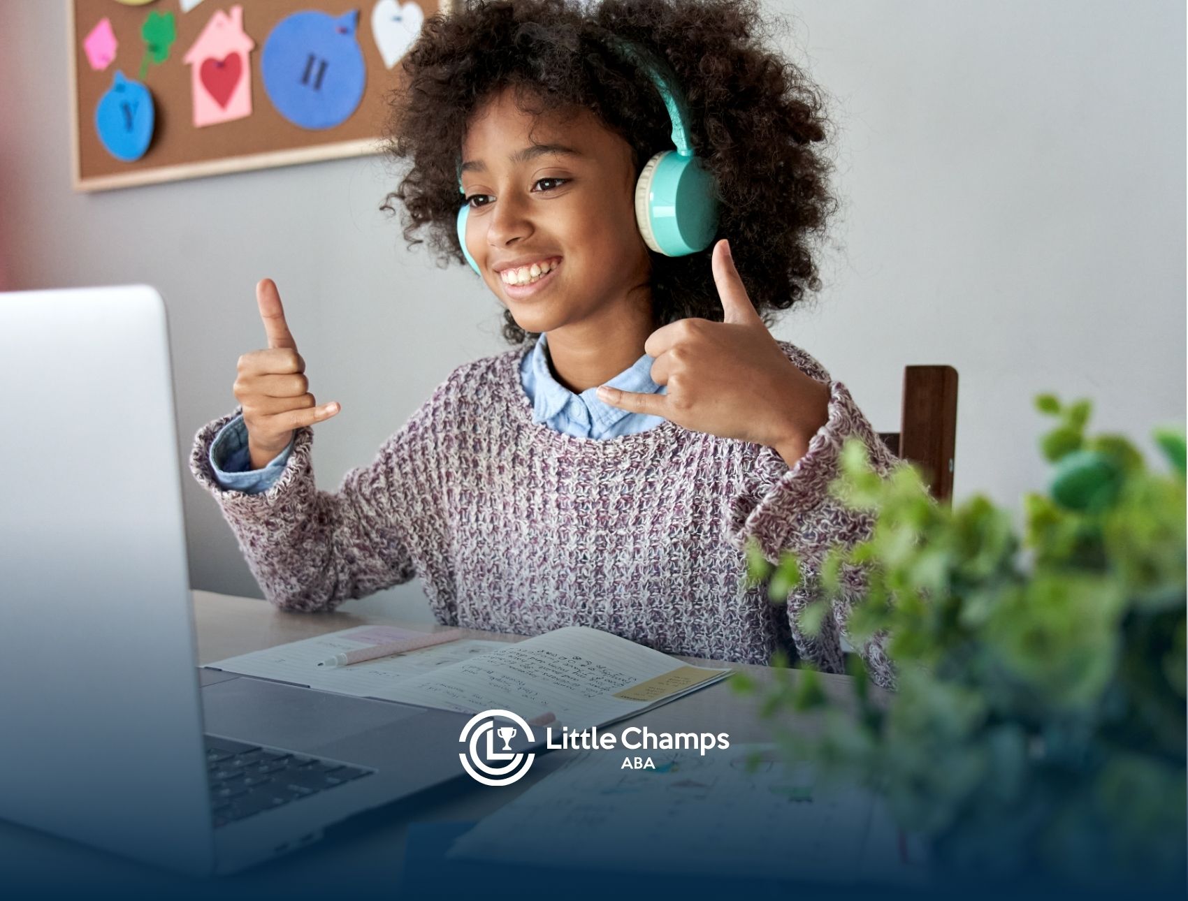 A teenage girl using a headphone, doing ABA remotely in front of a computer.