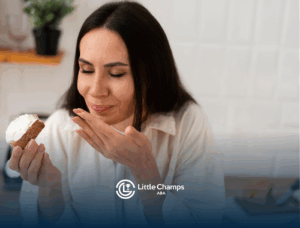 A woman with autism is eating a food with a fork
