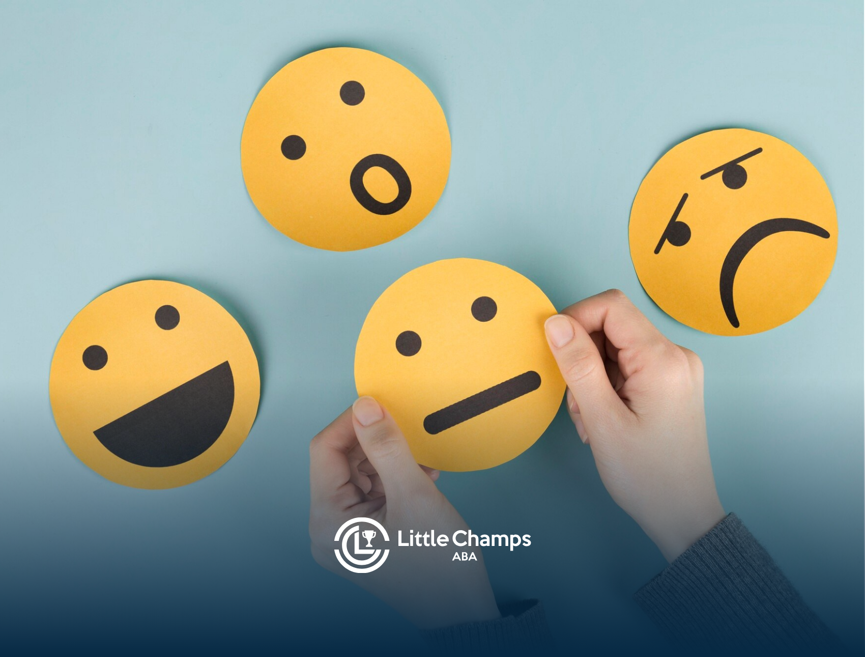 Four yellow paper circles with different facial expressions: happy, surprised, neutral, and sad.