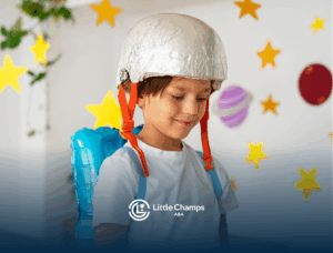 A child with autism is wearing a toy helmet and is playing pretend astronaut
