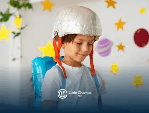 A child with autism is wearing a toy helmet and is playing pretend astronaut