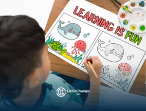 A kid is coloring a book using colored pens
