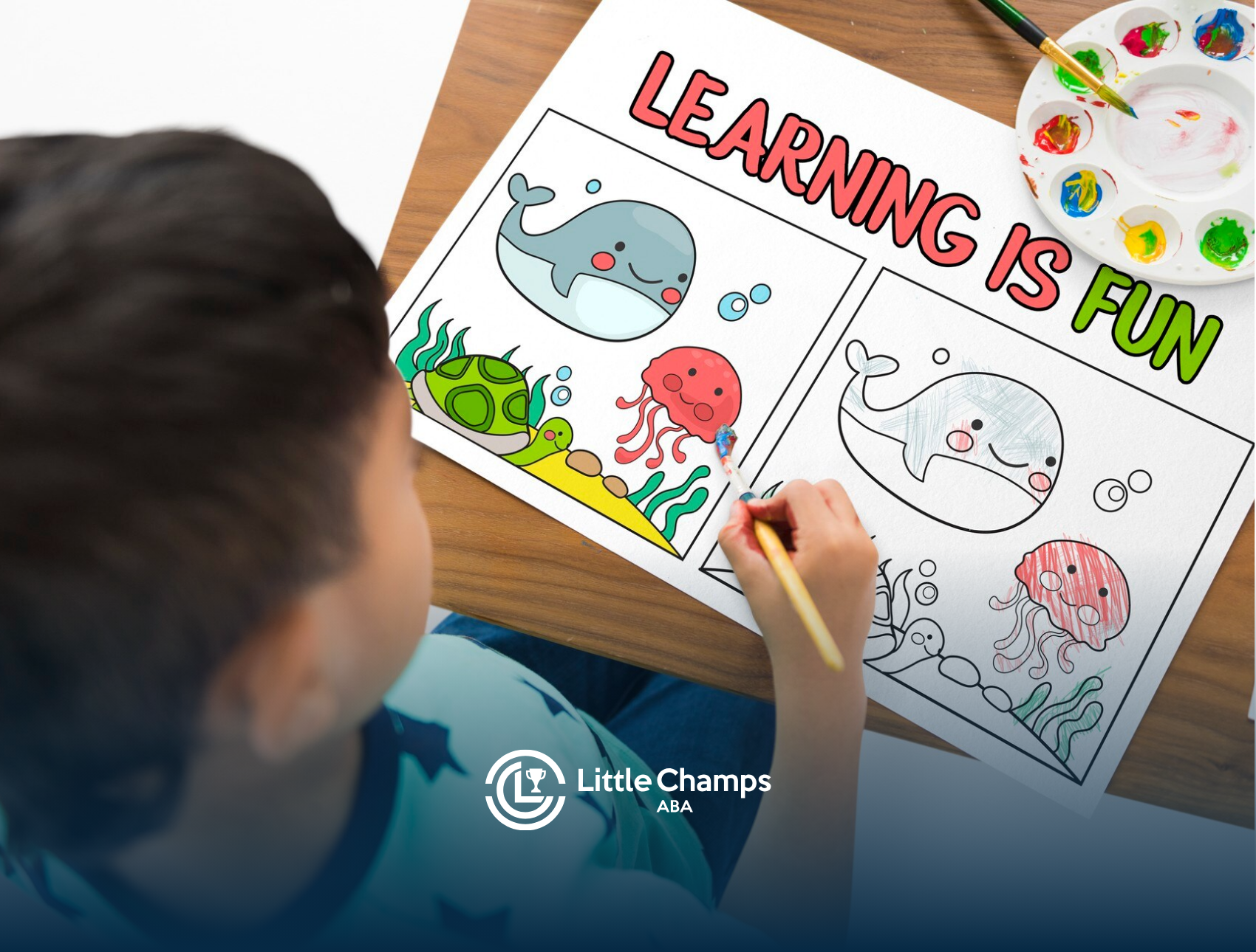 A kid is coloring a book using colored pens