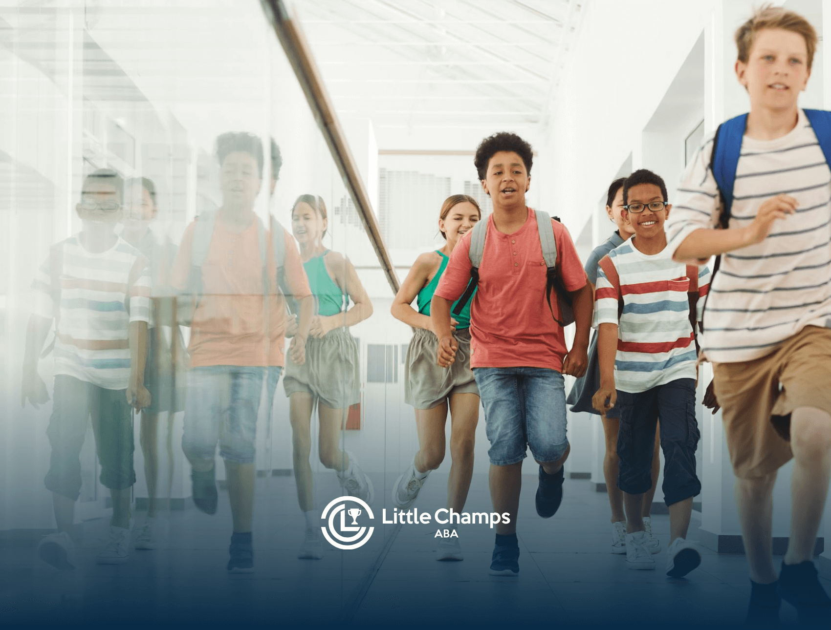 Group of autistic children with backpacks happily running down a school building hallway in Colorado.