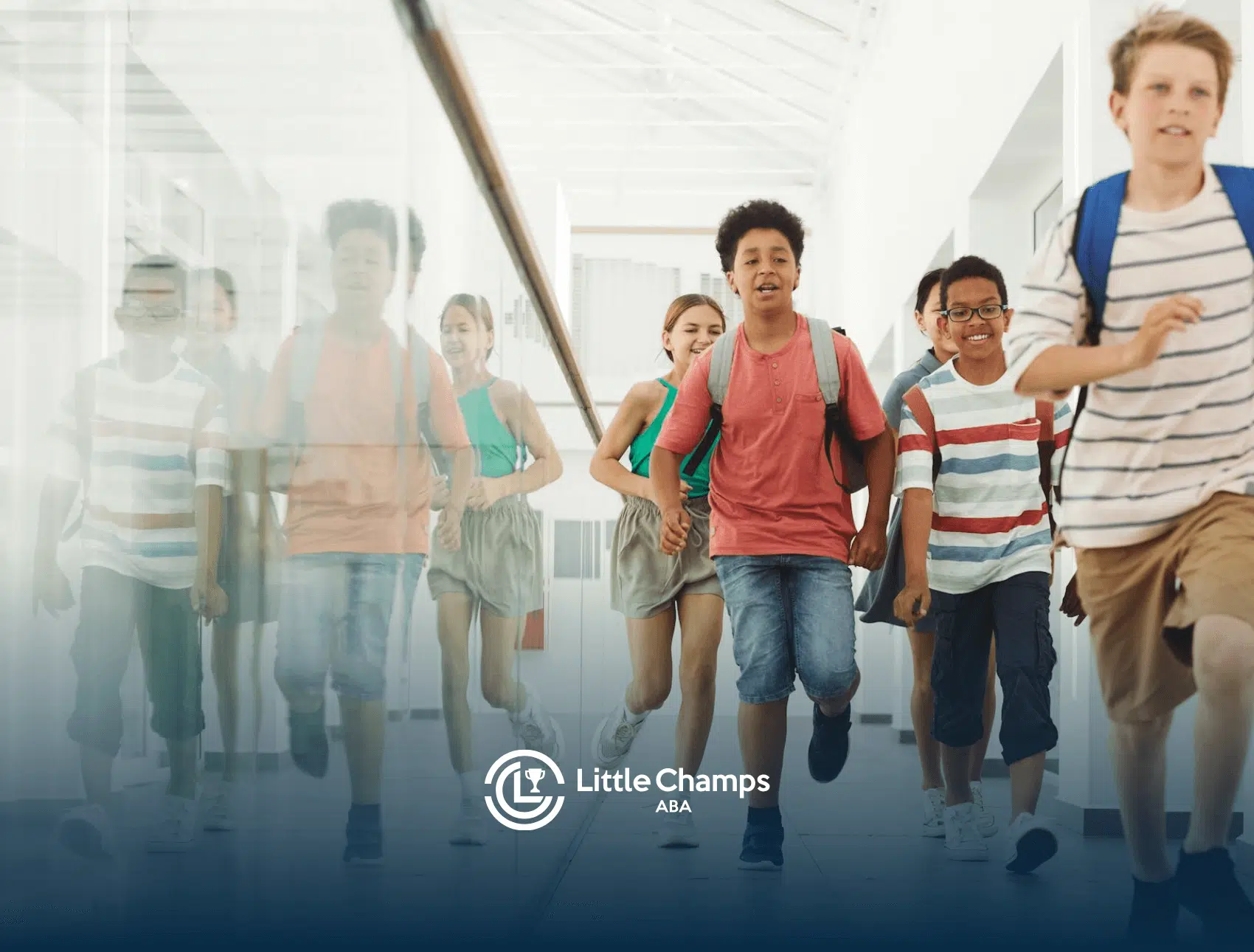 Group of autistic children with backpacks happily running down a school building hallway in Colorado.
