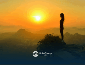 An autistic person standing on a cliff, gazing at the sunset over mountains and a vast landscape in Colorado.