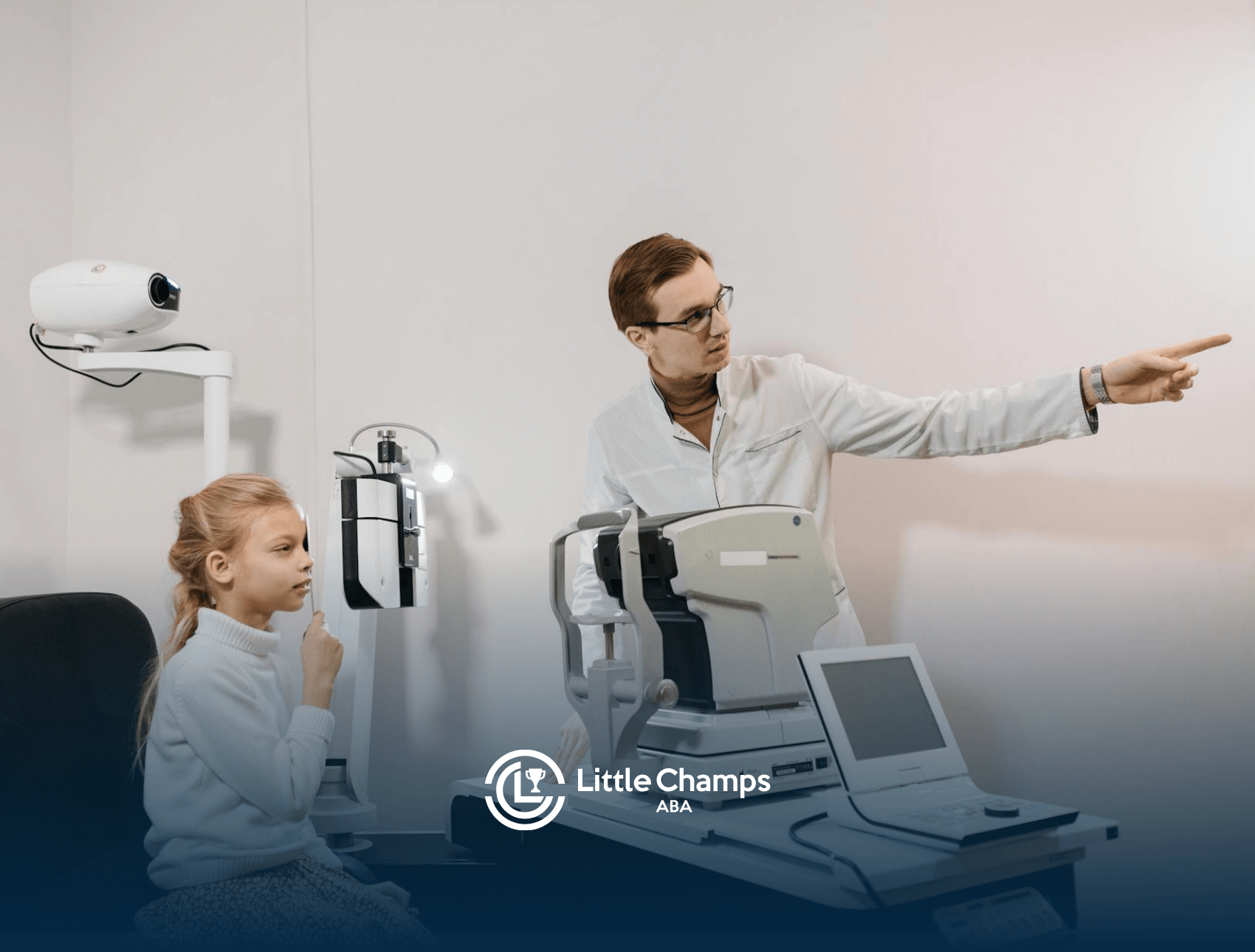 Optometrist guiding an autistic girl during medical appointment for her eyes at an hospital in Colorado.
