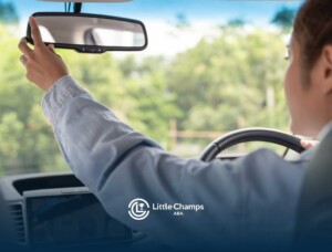 A person adjusts the rearview mirror of a car interior, focusing on green trees outside.
