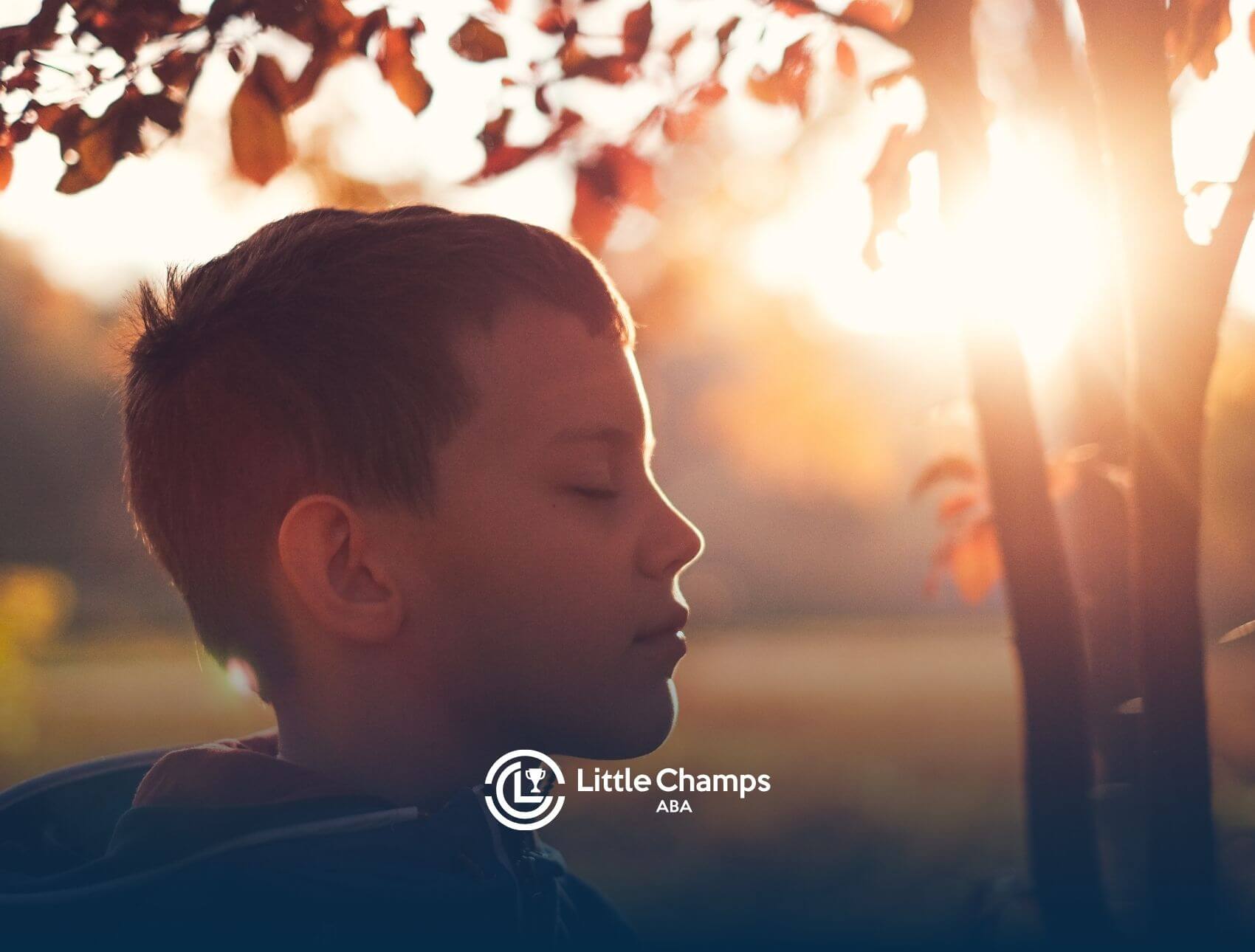 An autistic boy with closed eyes, standing under a tree in a serene outdoor setting during sunset after ABA therapy.