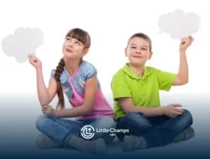 Autistic girl and boy sitting on the floor, holding speech bubbles in their hands and thinking together.