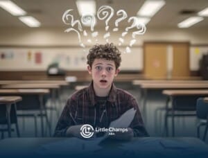 A autistic boy sitting at a desk with papers in hand, looking confused, with question marks floating above.