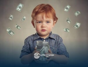 An autistic toddler holding a jar full of cash with a serious expression, surrounded by falling bills.