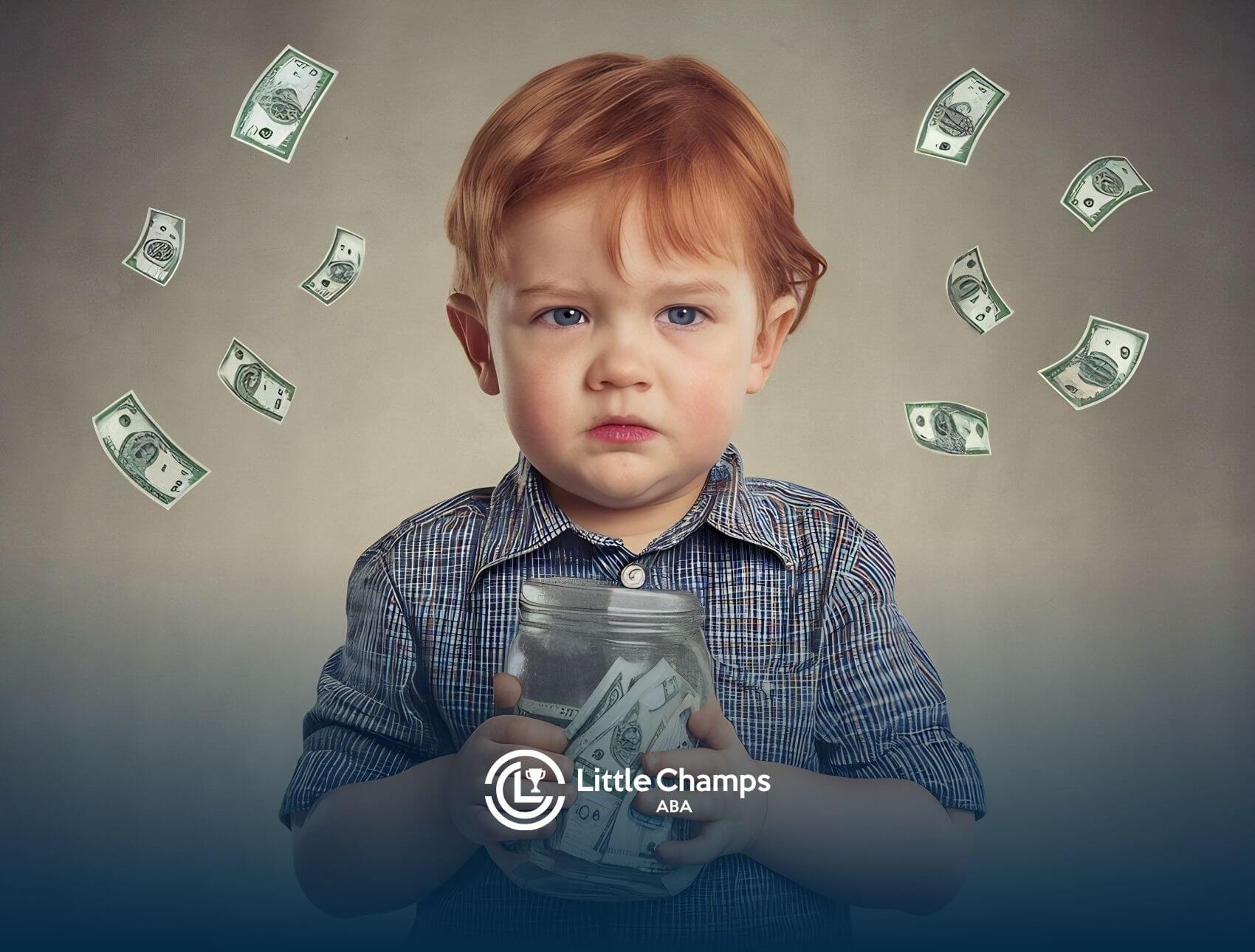 An autistic toddler holding a jar full of cash with a serious expression, surrounded by falling bills.