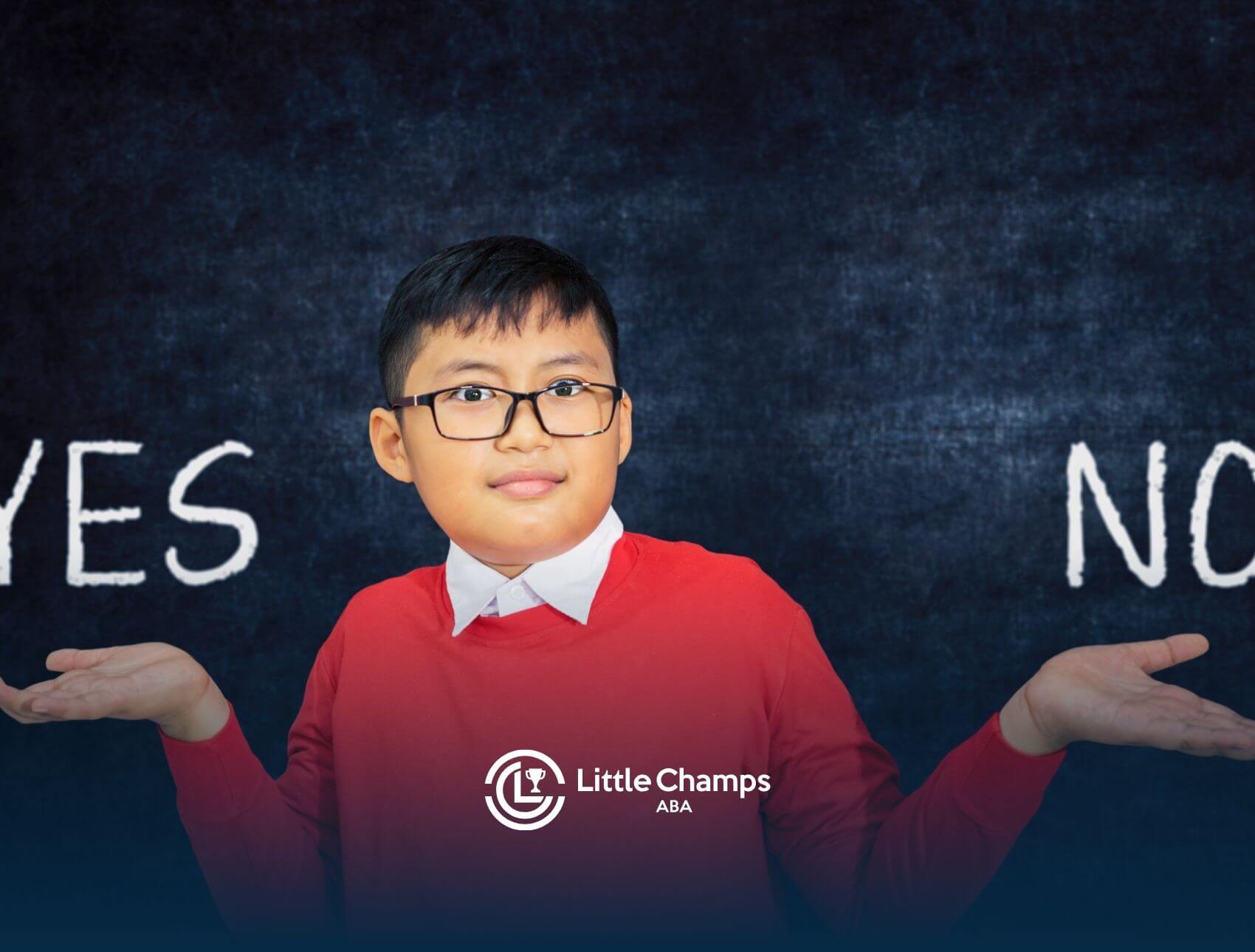 An autistic young boy with glasses, holding his hands out in front of "YES" and "NO" written behind him.
