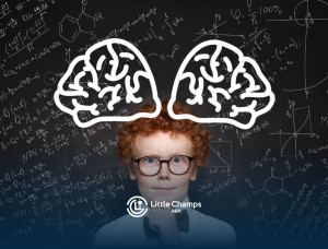 Child with glasses standing in front of a chalkboard with a drawn brain and math formulas.
