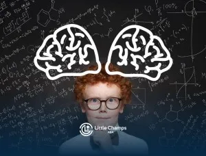 Child with glasses standing in front of a chalkboard with a drawn brain and math formulas.