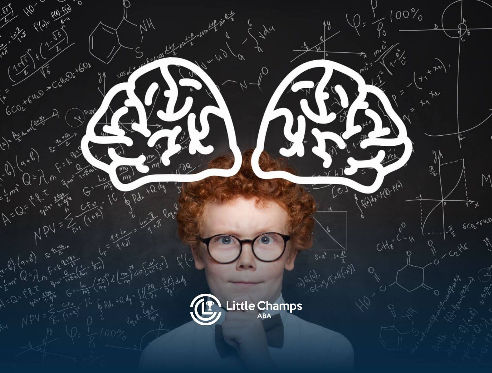 Child with glasses standing in front of a chalkboard with a drawn brain and math formulas.