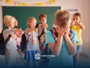 Child experiencing bullying and emotional distress in a classroom setting