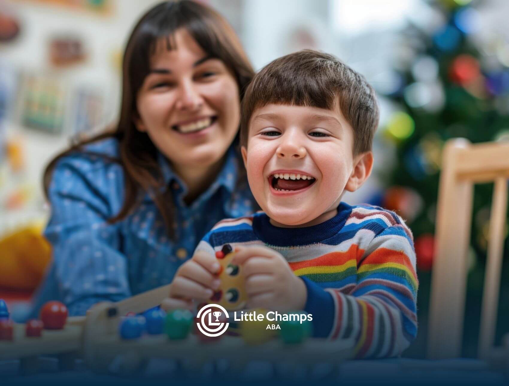 Child smiling while playing with colorful beads as an adult looks on.