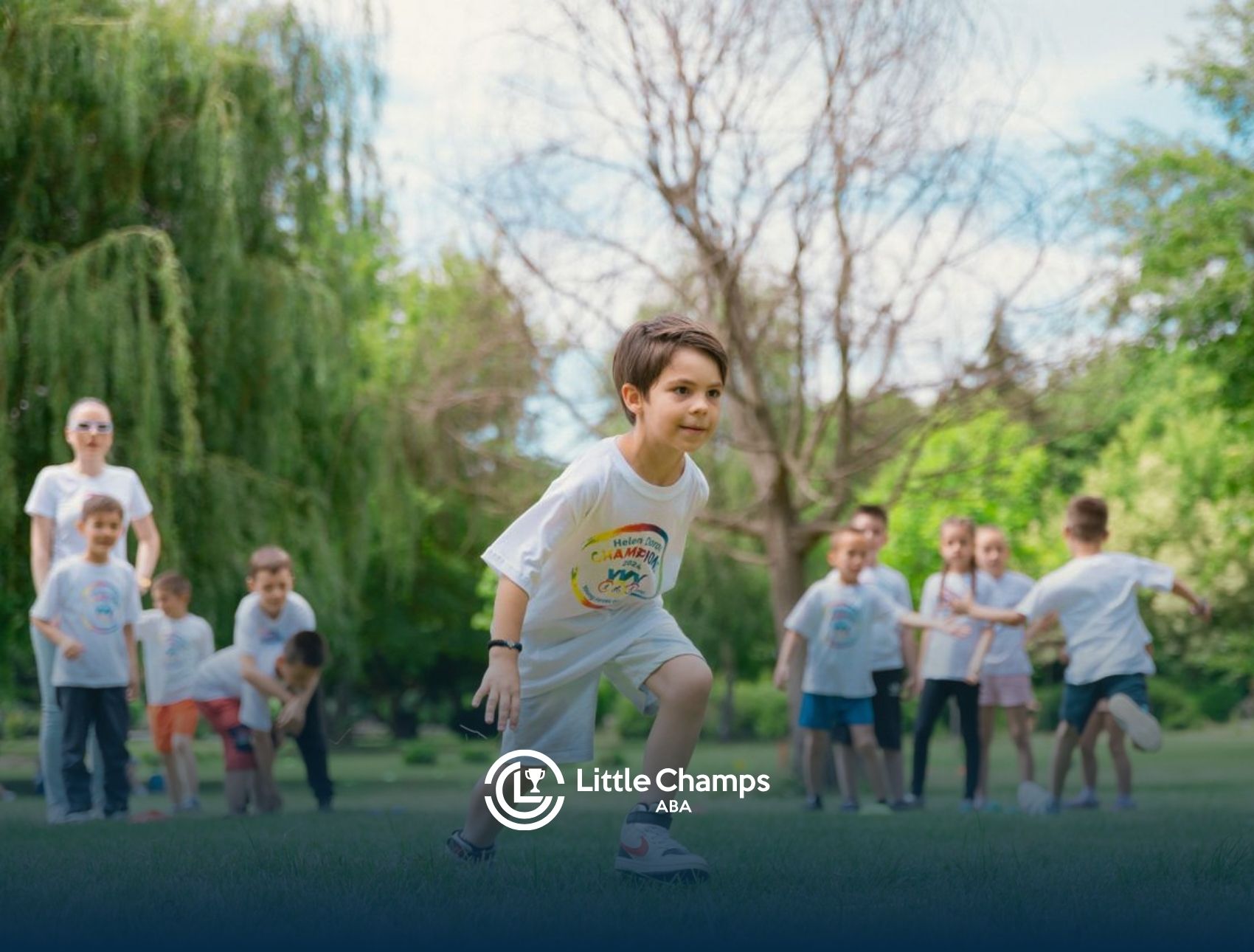 Autistic child running during an outdoor group activity.