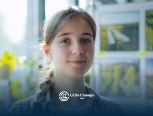 Portrait of a smiling preteen girl with autism.