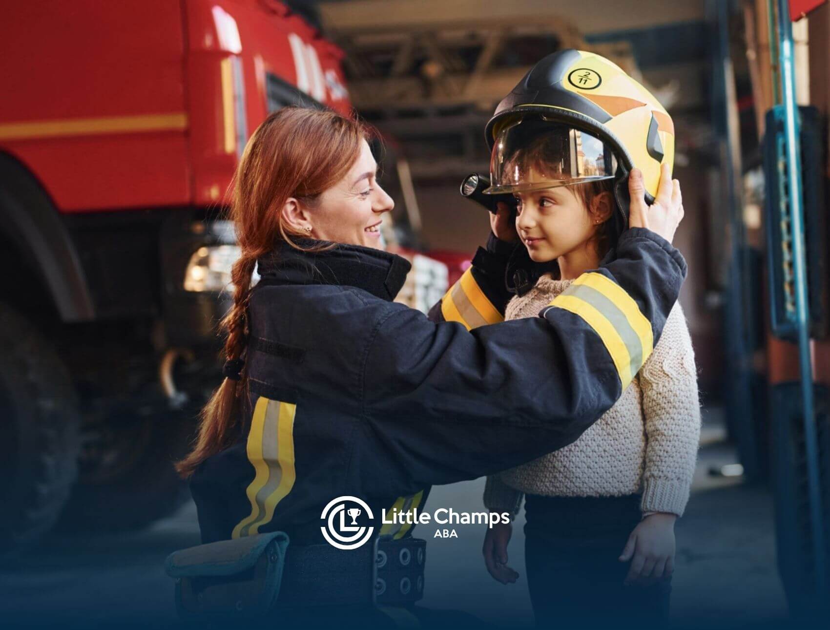 Firefighter fitting a child with a helmet.