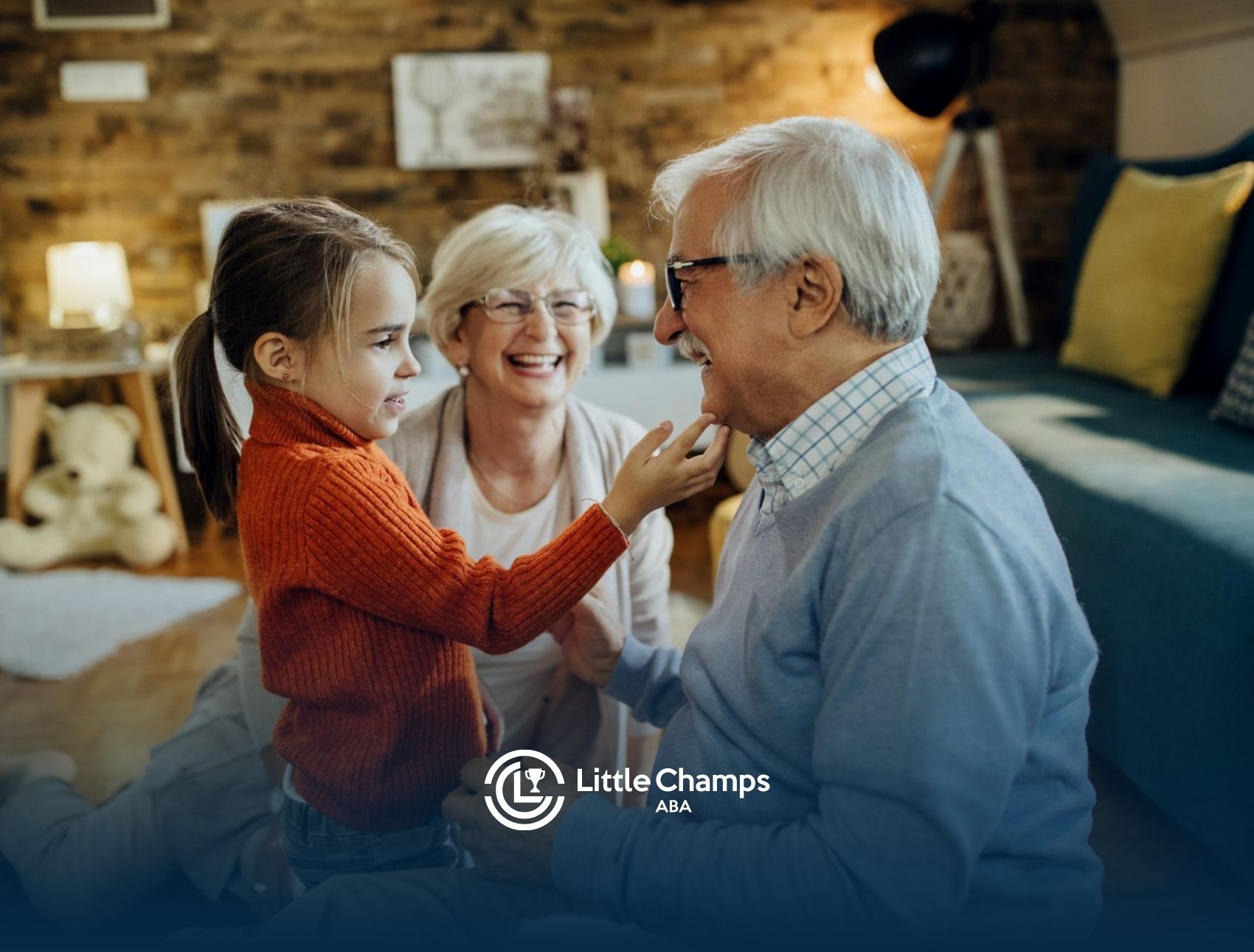Grandparents laughing and spending time with their granddaughter at home.