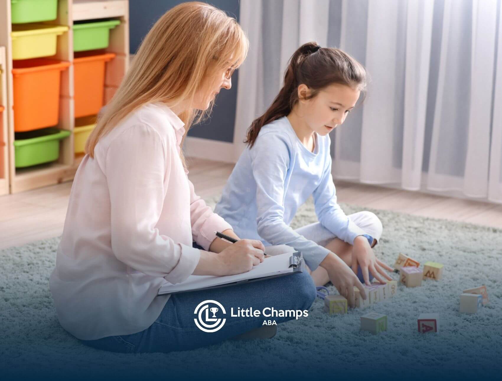 BCBA supports an autistic child during a play-based ABA therapy session.