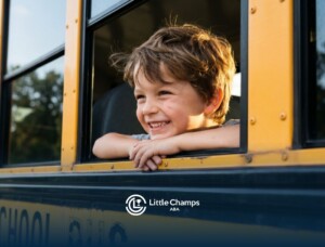Smiling child with autism riding a school bus on the way to school.