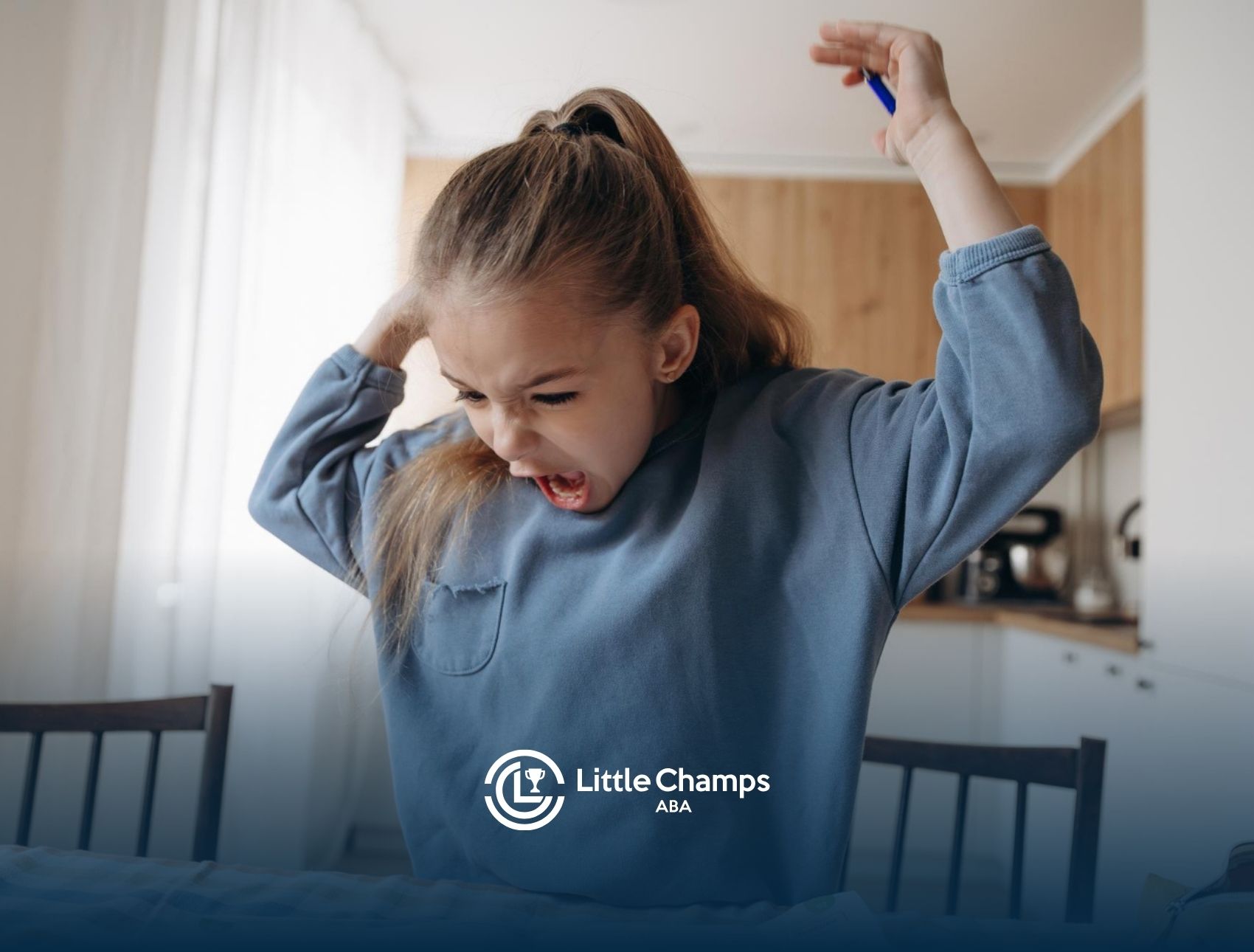 Young autistic girl appearing upset at home.