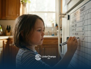 Autistic child checking off completed tasks on a visual chore chart.