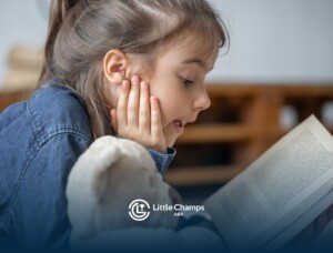 Young girl with autism reading a book.